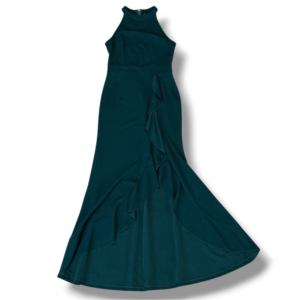 Sleeveless Hunter Green Halter Ruffle Front Evening Dress - Picture 10 of 14